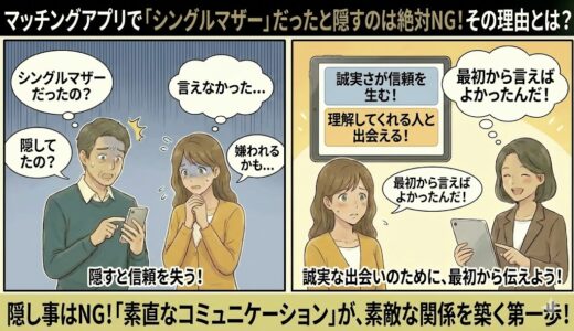 マッチングアプリでシングルマザーであることを隠すのがNGな理由を解説する、漫画風アイキャッチ画像（AI生成イメージ）