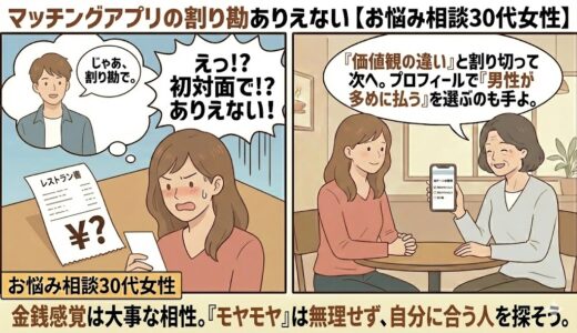 マッチングアプリの初デートで割り勘を提案され「ありえない」と憤る30代女性と、金銭感覚の不一致と割り切るようアドバイスする相談員のイラスト【2コマ漫画アイキャッチ】