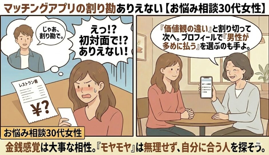 マッチングアプリの初デートで割り勘を提案され「ありえない」と憤る30代女性と、金銭感覚の不一致と割り切るようアドバイスする相談員のイラスト【2コマ漫画アイキャッチ】