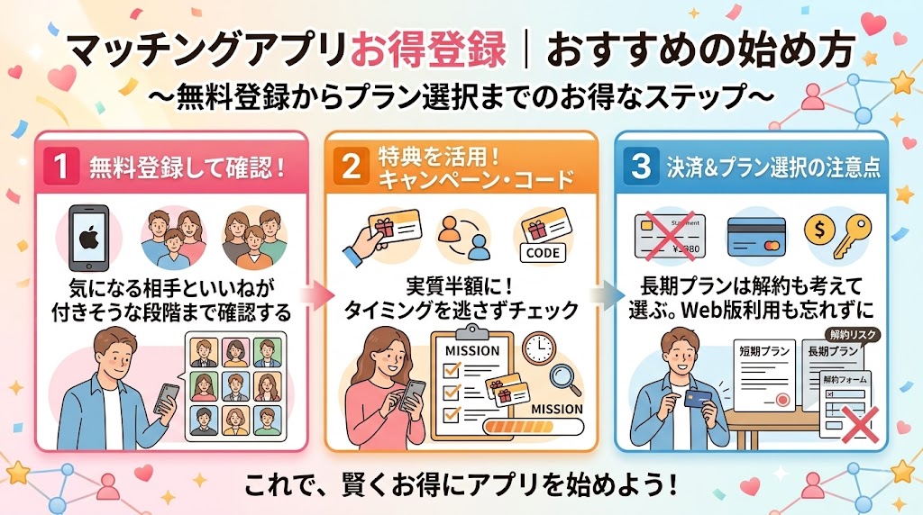 マッチングアプリをお得に始めるためのフローチャート型インフォグラフィック(AI生成イメージ)