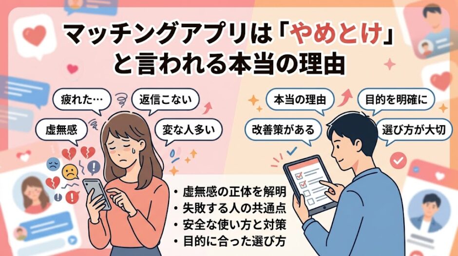 「マッチングアプリはやめとけと言われる本当の理由」の記事アイキャッチ。アプリ疲れで悩む女性と、解決策を見つける男性のイラスト（AI生成イメージ）
