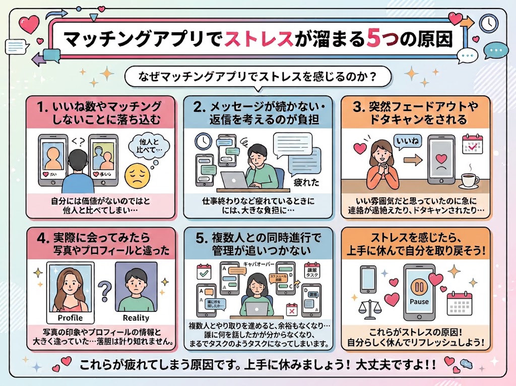 マッチングアプリでストレスが溜まる5つの原因解説画像(AI生成イメージ)