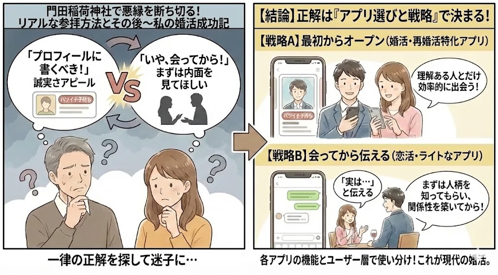 縁切り神社後に婚活するための「アプリ選びと戦略」の図解(AI生成イメージ)