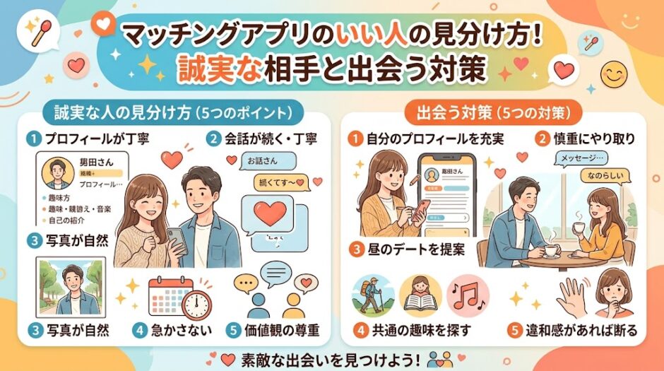 マッチングアプリ良い人の見分け方と対策の図解（AI生成イメージ）