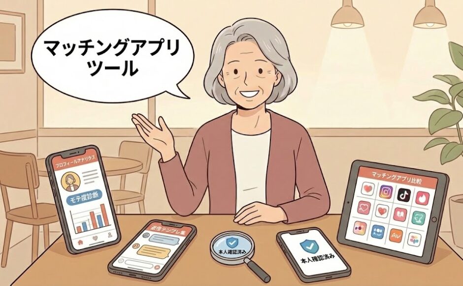 「マッチングアプリツール」という見出しと共に、プロフィール分析やメッセージテンプレート、アプリ比較表など、アプリ攻略を有利に進めるデジタルツールを紹介する相談員のイラスト【アプリ攻略ツール集】（AI生成イメージ）