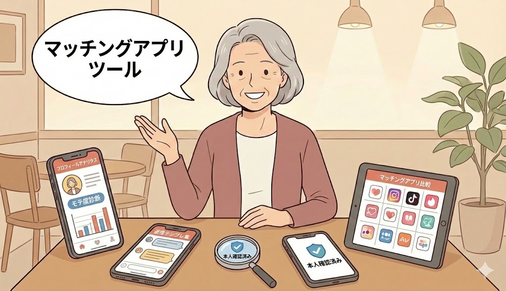 「マッチングアプリツール」という見出しと共に、プロフィール分析やメッセージテンプレート、アプリ比較表など、アプリ攻略を有利に進めるデジタルツールを紹介する相談員のイラスト【アプリ攻略ツール集】