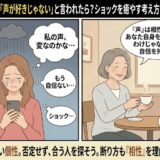 マッチングアプリの通話で「声が好きじゃない」と言われ落ち込む女性と、声は相性の一つだと励まし上手な断り方を伝授する相談員のイラスト【声のコンプレックス解消アイキャッチ】（AI生成イメージ）