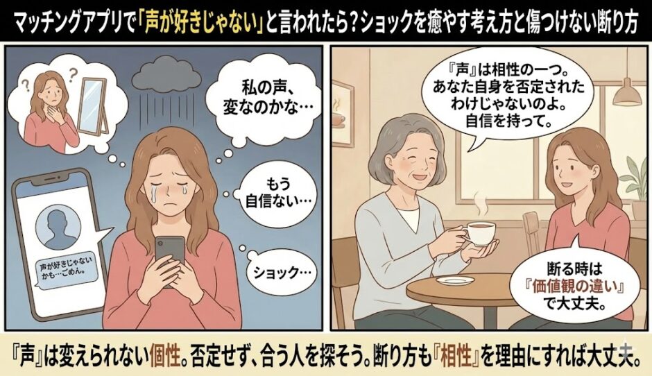 マッチングアプリの通話で「声が好きじゃない」と言われ落ち込む女性と、声は相性の一つだと励まし上手な断り方を伝授する相談員のイラスト【声のコンプレックス解消アイキャッチ】（AI生成イメージ）