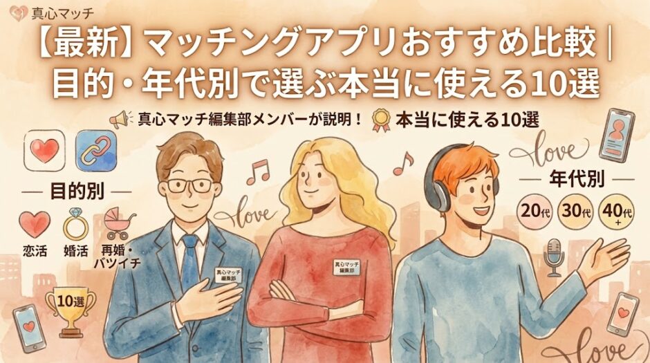 真心マッチ編集部メンバー3人が解説！目的・年代別マッチングアプリおすすめ10選（水彩画風イラストとアイコン付き）。