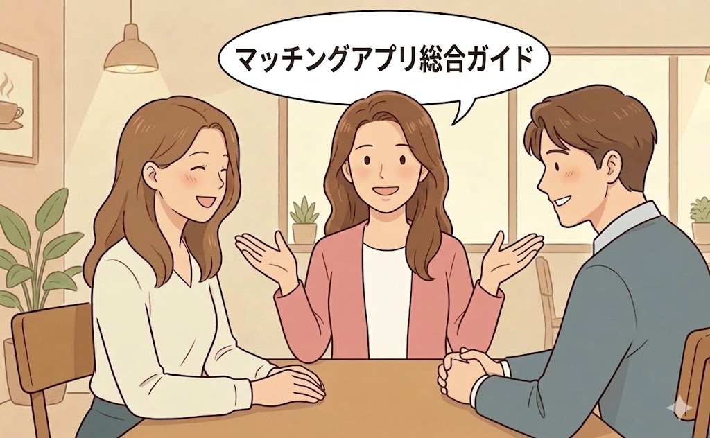 「マッチングアプリ総合ガイド」と書かれた吹き出し付きで、カフェで相談する男女3人のイラスト（AI生成イメージ）