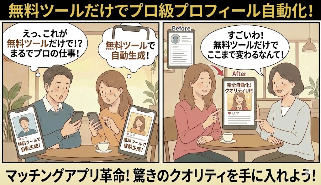 無料ツールで自動生成されたプロ級のマッチングアプリプロフィールに驚く男女のイラスト(AI生成イメージ)