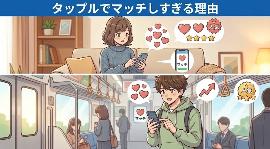 上部に「タップルでマッチしすぎる理由」というテキストが書かれた2コマのイラスト。上段はソファに座る女性がスマホに多数のハート、マッチ、人気アイコンが表示されて驚き、下段は電車内の男性がスマホに多数のハート、上昇グラフ、人気勲章のアイコンが表示されて驚いている様子（AI生成イメージ）
