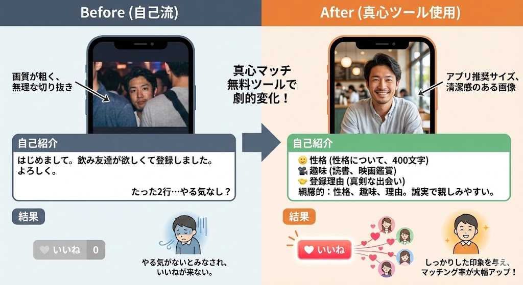 真心マッチのマッチングアプリ無料ツール利用前（Before）と利用後（After）を説明した図解