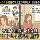 婚活パーティーに参加する男性の真剣度や本気度を見極めたいと悩む40代女性の相談イラスト【2コマ漫画アイキャッチ】（AI生成イメージ）