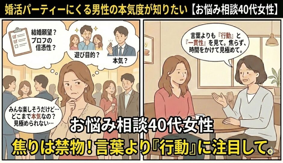 婚活パーティーに参加する男性の真剣度や本気度を見極めたいと悩む40代女性の相談イラスト【2コマ漫画アイキャッチ】（AI生成イメージ）