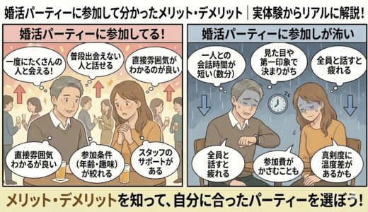 婚活パーティーに参加して分かったメリット（一度に沢山の人と会える、直接雰囲気がわかるなど）と、デメリット（会話時間が短い、全員と話すと疲れるなど）を、参加者の男女の表情（明るい・暗い）の対比でリアルに解説している図解（AI生成イメージ）