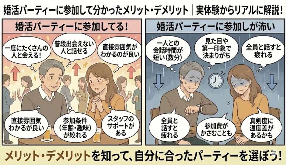 婚活パーティーに参加して分かったメリット（一度に沢山の人と会える、直接雰囲気がわかるなど）と、デメリット（会話時間が短い、全員と話すと疲れるなど）を、参加者の男女の表情（明るい・暗い）の対比でリアルに解説している図解（AI生成イメージ）