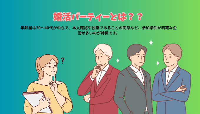 婚活パーティーの特徴を婚活アドバイザーが男性に伝えているイラスト
