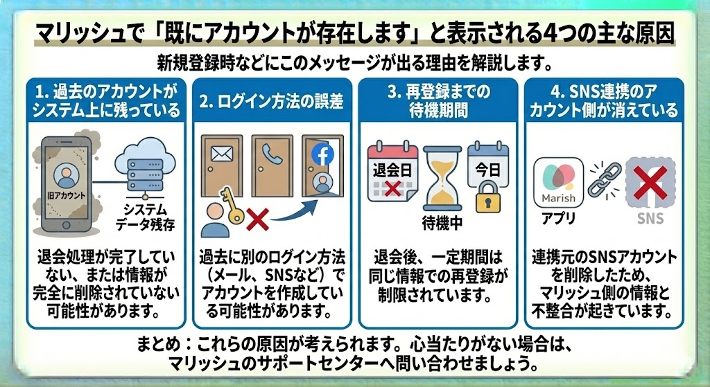 マリッシュで既にアカウントが存在しますと表示される理由を説明した図解