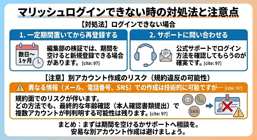 マリッシュでログインできない時の対処法を説明した図解