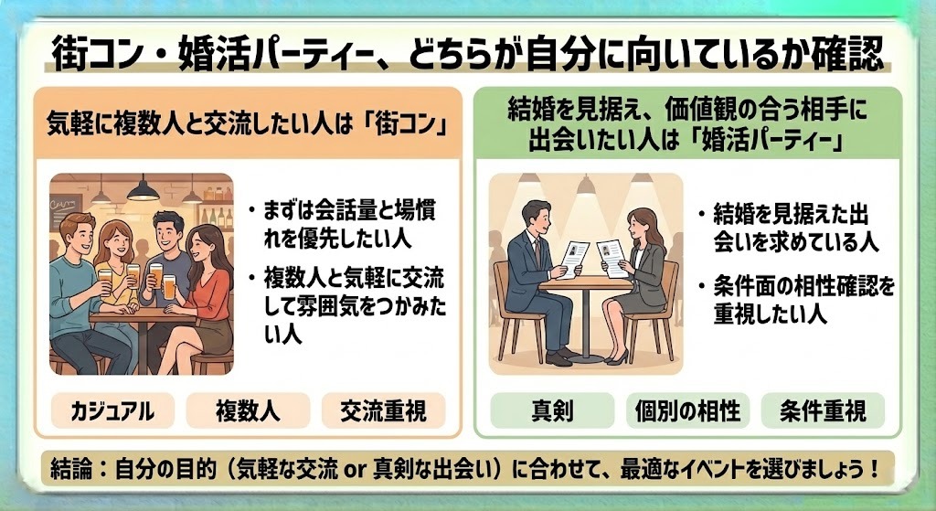 街コン・婚活パーティーで、どちらが自分に向いているか説明をした図解