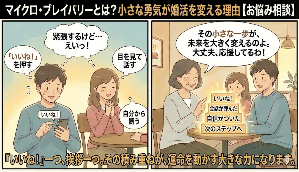 マイクロ・ブレイバリー（小さな勇気）が婚活の成功につながる理由を図解したイラスト（AI生成イメージ）