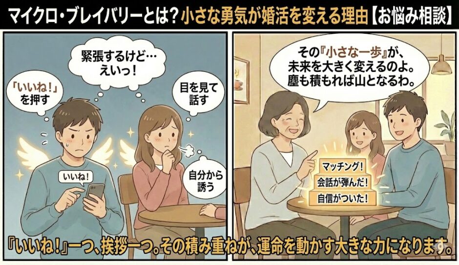 「マイクロ・ブレイバリー（些細な勇気）」の実践として震える手でいいねを押す男性や目を見て話そうとする女性と、その小さな積み重ねが婚活成功への階段になると解説する相談員のイラスト【婚活心理学アイキャッチ】（AI生成イメージ）