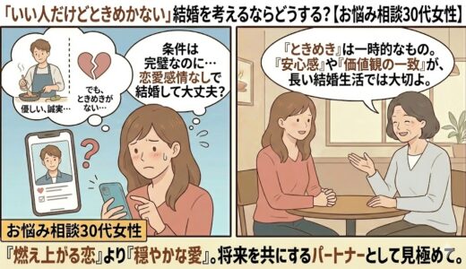 「いい人だけどときめかない」と結婚に踏み切れず悩む30代女性と、長期的なパートナーとしての相性を説く相談員のイラスト【2コマ漫画アイキャッチ】