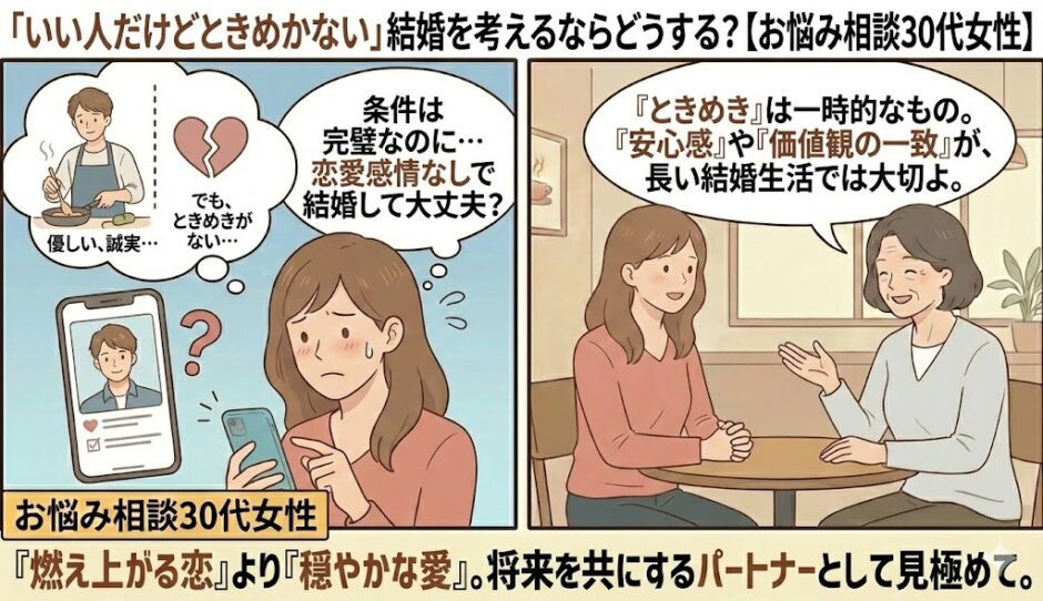 「いい人だけどときめかない」と結婚に踏み切れず悩む30代女性と、長期的なパートナーとしての相性を説く相談員のイラスト【2コマ漫画アイキャッチ】（AI生成イメージ）