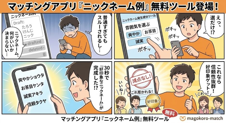 マッチングアプリ用のニックネーム自動生成ツールをスマートフォンで操作し、親しみやすいニックネーム候補（例：ハル、レオ）を見つけて喜んでいる若い男性のイラスト（AI生成イメージ）