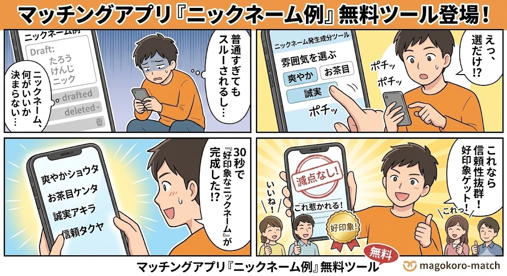 マッチングアプリ用のニックネーム自動生成ツールをスマートフォンで操作し、親しみやすいニックネーム候補(例:ハル、レオ)を見つけて喜んでいる若い男性のイラスト(AI生成イメージ)