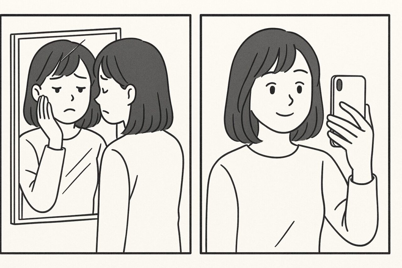 鏡を見てため息をつく女性と、スマートフォンで自撮りをしようとしている女性が描かれた白黒の2コマ線画イラスト