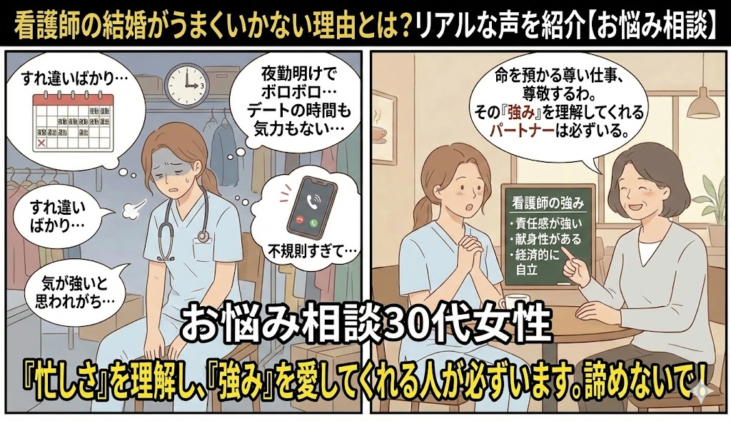 「看護師は結婚できない？」と夜勤明けの激務や不規則な生活ですれ違いに悩む女性看護師と、経済的自立や献身性という強みを理解してくれるパートナーはいると励ます相談員のイラスト【職業別婚活のお悩み相談】