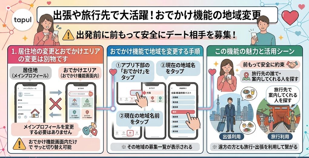 タップルの「おでかけ機能」で地域変更をする方法を解説するインフォグラフィック(AI生成イメージ)