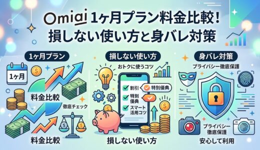 Omiaiの1ヶ月プラン料金比較、損しない使い方、身バレ対策のポイントをまとめたインフォグラフィック風のアイキャッチ（AI生成イメージ）