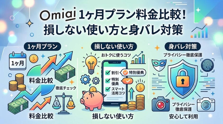 Omiaiの1ヶ月プラン料金比較、損しない使い方、身バレ対策のポイントをまとめたインフォグラフィック風のアイキャッチ（AI生成イメージ）