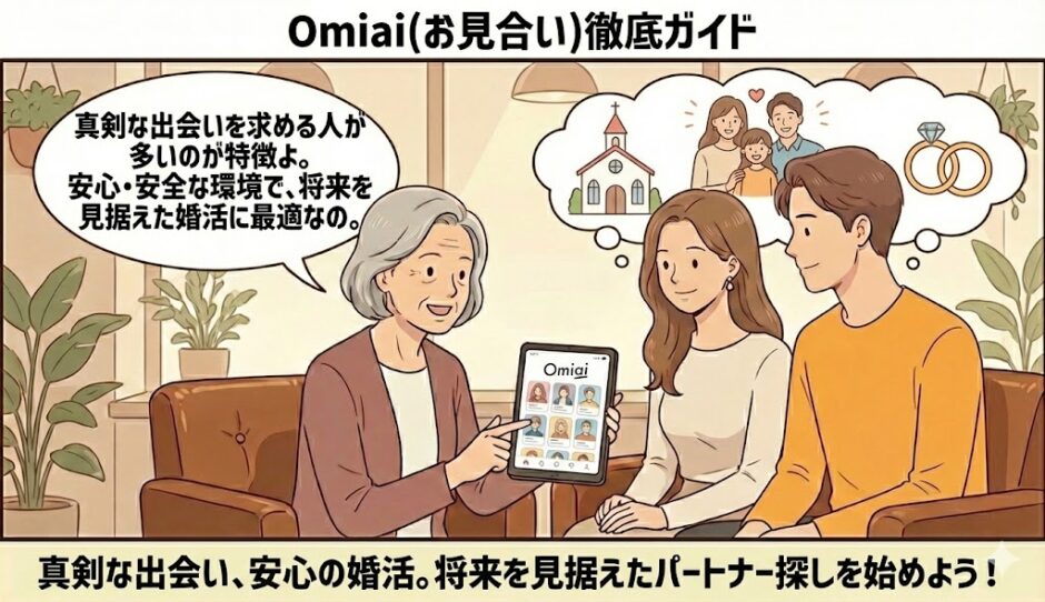 「Omiai（お見合い）徹底ガイド」という見出しと共に、結婚式や温かい家庭のイメージで『将来を見据えた真剣な婚活』を強調し、相談員が男女にアプリを紹介しているイラスト【婚活特化アプリ解説】（AI生成イメージ）
