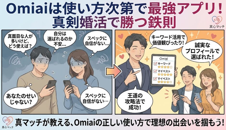 Omiaiが使い方次第で最強の婚活アプリになる理由と真剣婚活で勝つ鉄則を解説するアイキャッチ画像（AI生成イメージ）