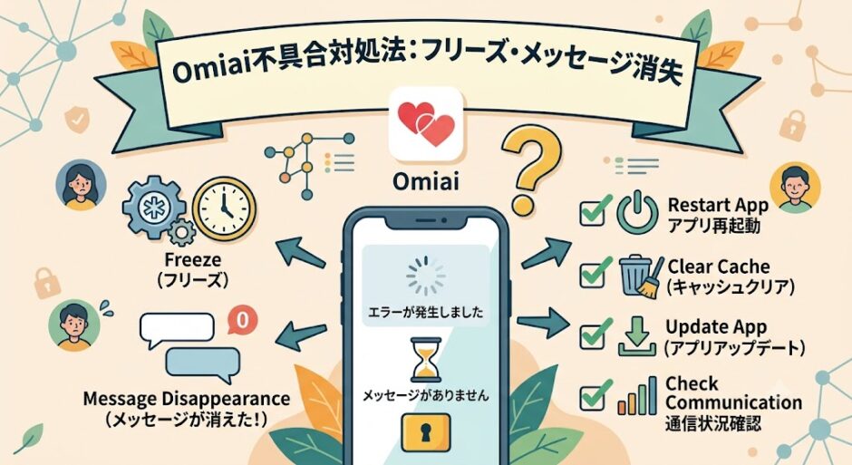 Omiaiアプリで発生するフリーズとメッセージ消失トラブルの解決策をまとめたアイキャッチ画像（AI生成イメージ）