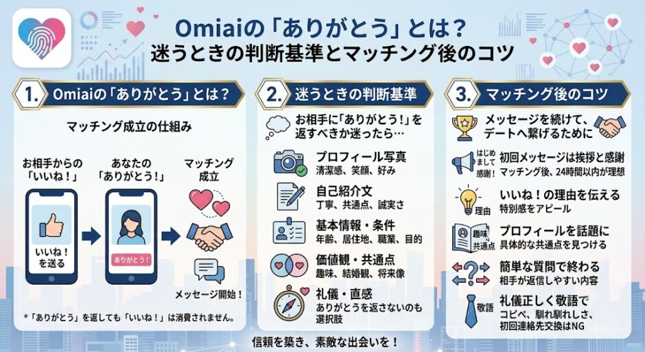 Omiaiの「ありがとう」の仕組みとコツをまとめたインフォグラフィック（AI生成イメージ）