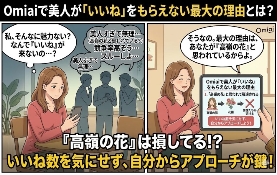 Omiaiで美人に「いいね」が来ない最大の理由は「高嶺の花」と思われているから、という内容を解説した図解イラスト（AI生成イメージ）