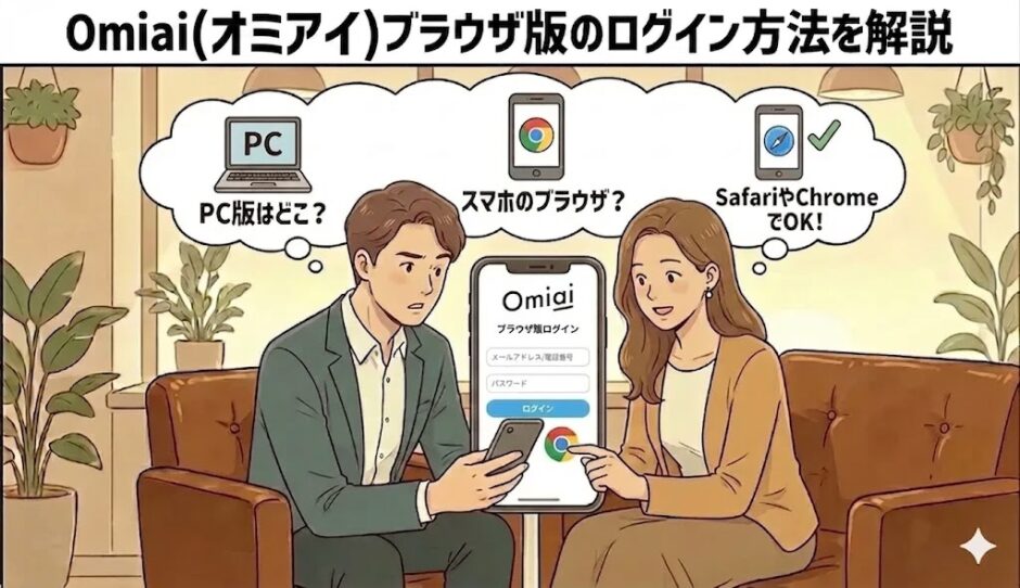 「Omiai（オミアイ）ブラウザ版のログイン方法を解説」というタイトルと共に、PCやスマホのブラウザ（Chrome/Safari）でのログイン場所に迷う男性に、女性が手順を教えているイラスト（AI生成イメージ）