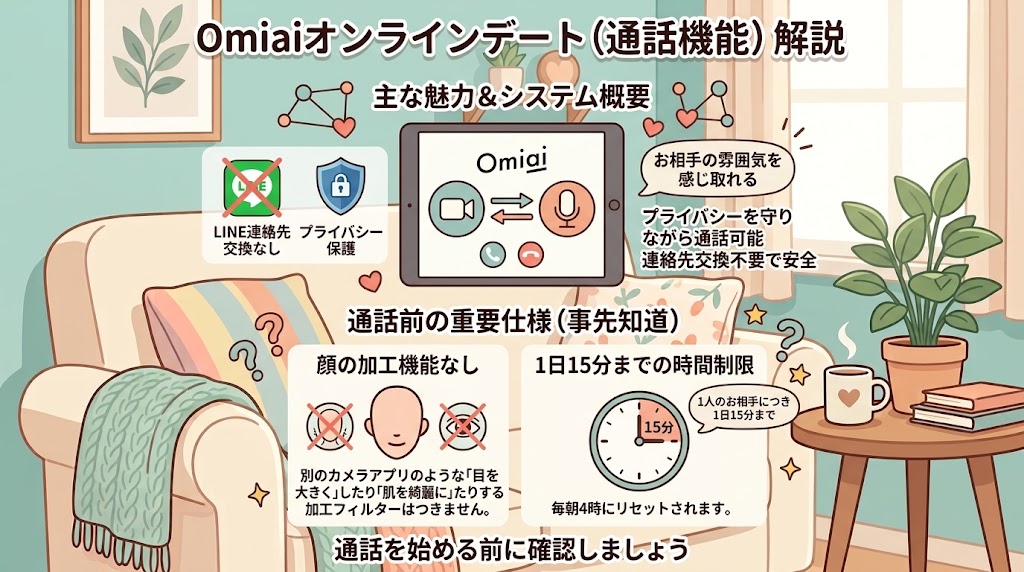 Omiaiオンラインデート（通話機能）解説：LINE交換不要、1日15分制限、顔加工なし（AI生成イメージ）