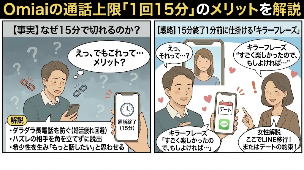 Omiaiの通話上限15分が婚活疲れ回避や希少性アップに繋がるメリットと、終了1分前にデート約束やLINE交換へ繋げる戦略を解説したイラスト（AI生成イメージ）