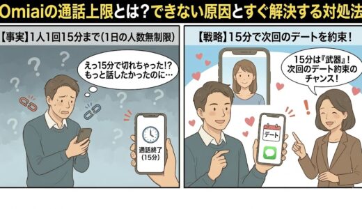 Omiaiの通話上限15分で終了し戸惑う男性と、15分の制限を武器に次回のデート約束へ繋げるようアドバイスする専門家のイラスト（AI生成イメージ）