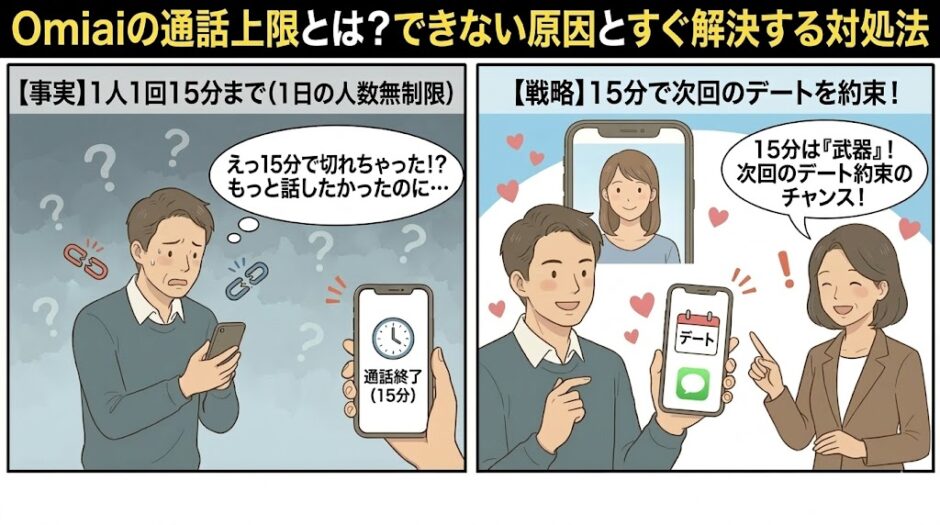 Omiaiの通話上限15分で終了し戸惑う男性と、15分の制限を武器に次回のデート約束へ繋げるようアドバイスする専門家のイラスト（AI生成イメージ）