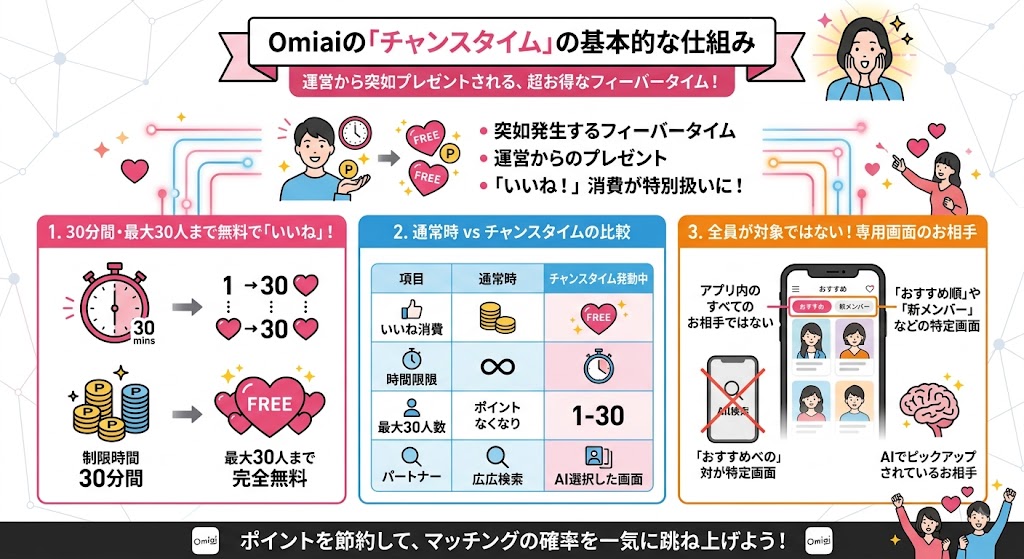 マッチングアプリOmiai(オミアイ)の「チャンスタイム」の基本的な仕組みを解説するインフォグラフィック画像(AI生成イメージ)