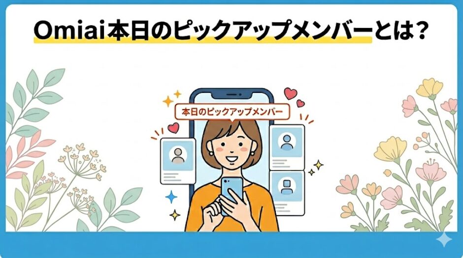 マッチングアプリOmiaiの「本日のピックアップメンバー」機能を解説するインフォグラフィック。スマートフォンを持った女性のイラストを中心に、毎日更新され無料でアピールできる機能が紹介されている。（AI生成イメージ）