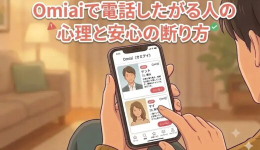 「Omiaiで電話したがる人の心理と安心の断り方」というタイトルテキストと、スマートフォンでOmiaiアプリの画面を見る男性の手元を描いたアニメ調のアイキャッチ画像（AI生成イメージ）