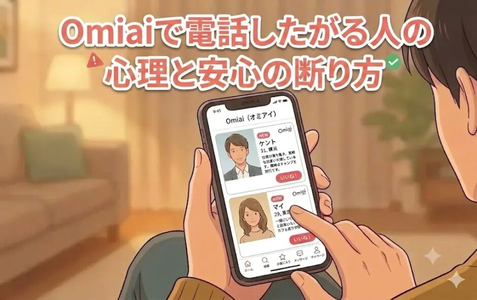 「Omiaiで電話したがる人の心理と安心の断り方」というタイトルテキストと、スマートフォンでOmiaiアプリの画面を見る男性の手元を描いたアニメ調のアイキャッチ画像（AI生成イメージ）